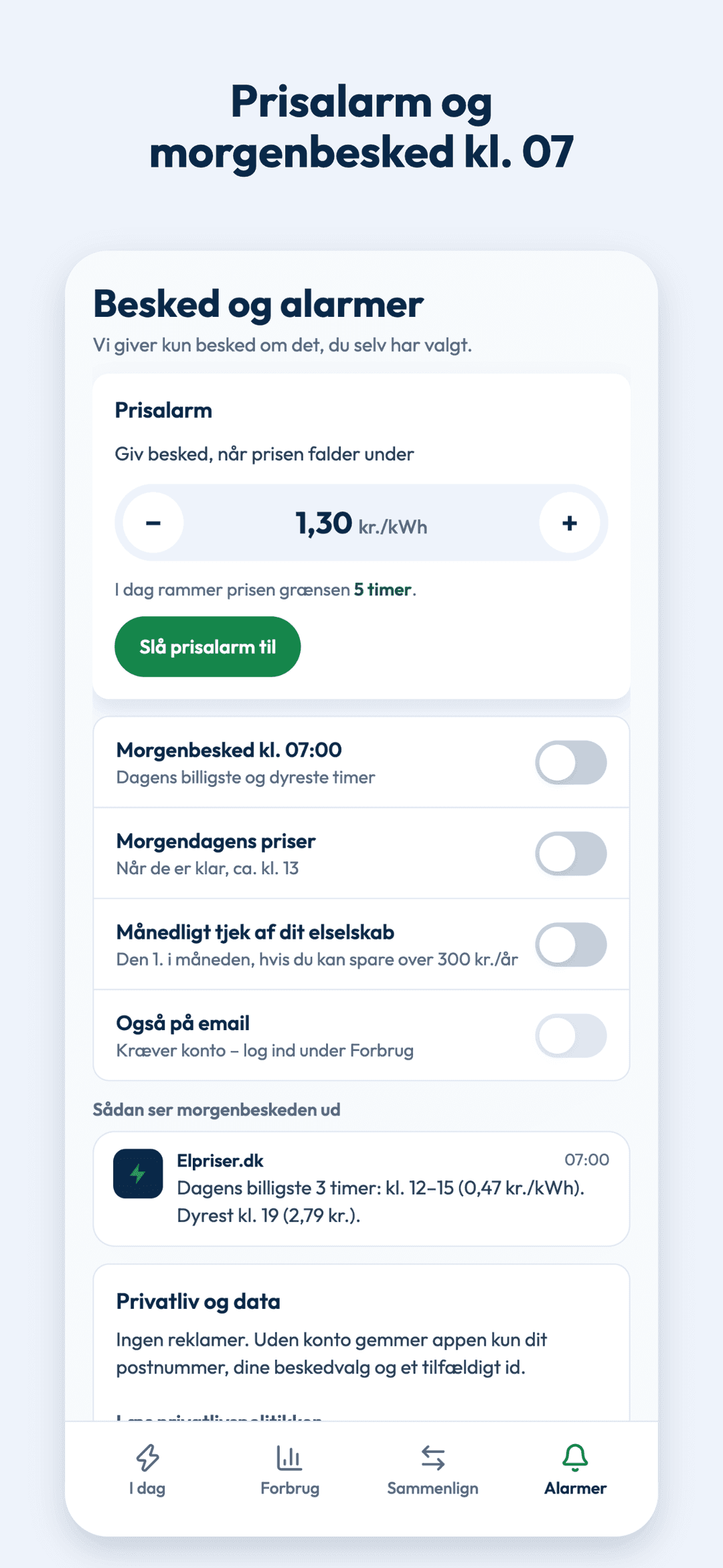 Skærmbillede af Alarmer-skærmen med beskedvalg og prisgrænse